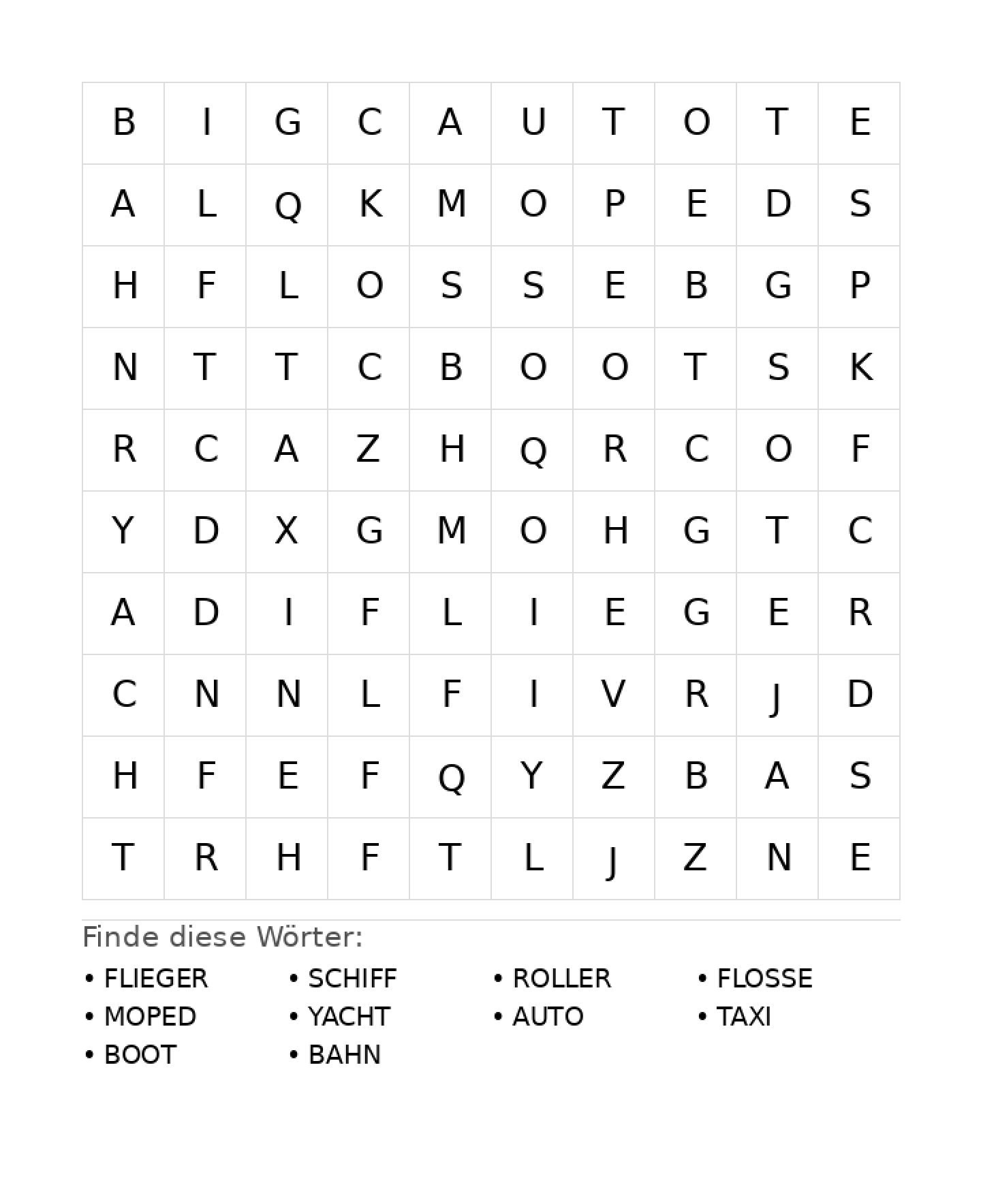 Wortsuchrätsel Wortsuchrätsel: Fahrzeuge für Grundschule aus der Kategorie Wortsuchrätsel - kostenlos ausdrucken