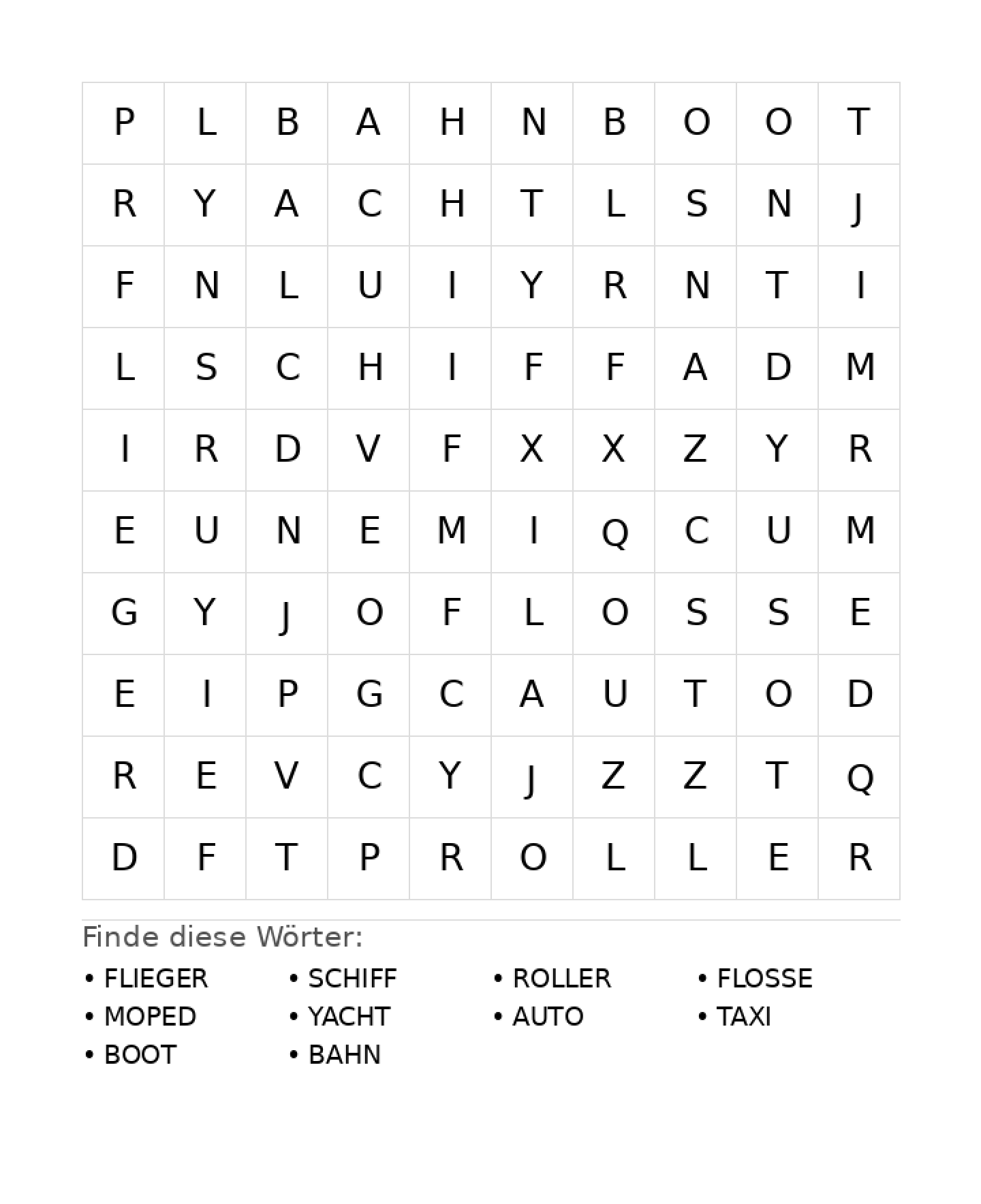 Wortsuchrätsel Wortsuchrätsel: Fahrzeuge für Grundschule aus der Kategorie Wortsuchrätsel - kostenlos ausdrucken