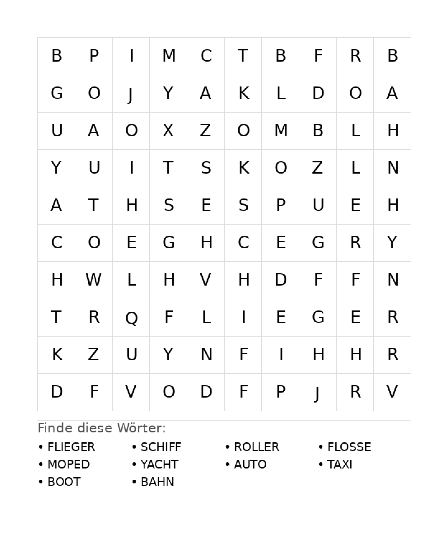 Wortsuchrätsel Wortsuchrätsel: Fahrzeuge für Grundschule aus der Kategorie Wortsuchrätsel - kostenlos ausdrucken
