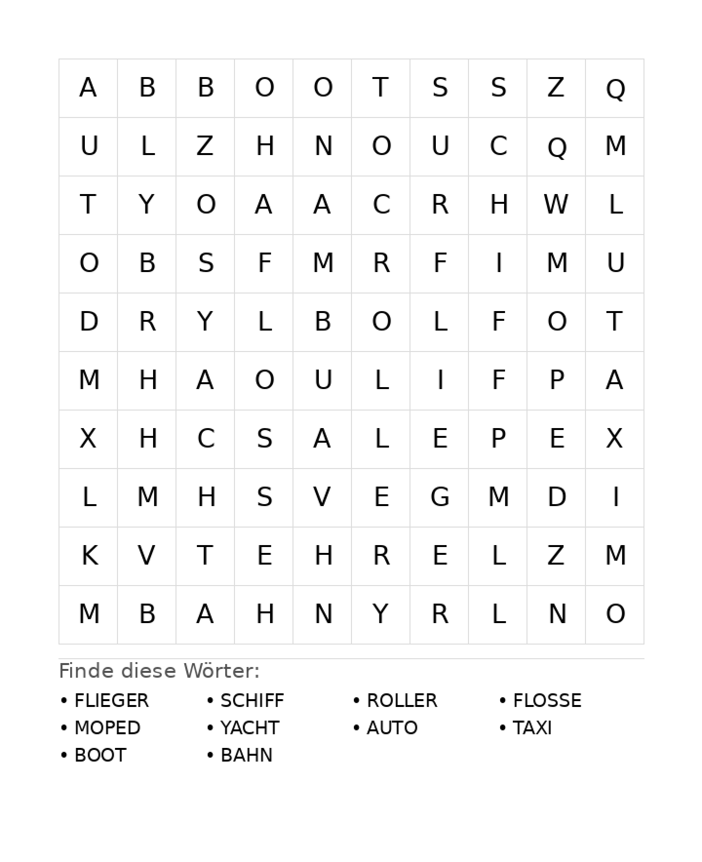 Wortsuchrätsel Wortsuchrätsel: Fahrzeuge für Grundschule aus der Kategorie Wortsuchrätsel - kostenlos ausdrucken