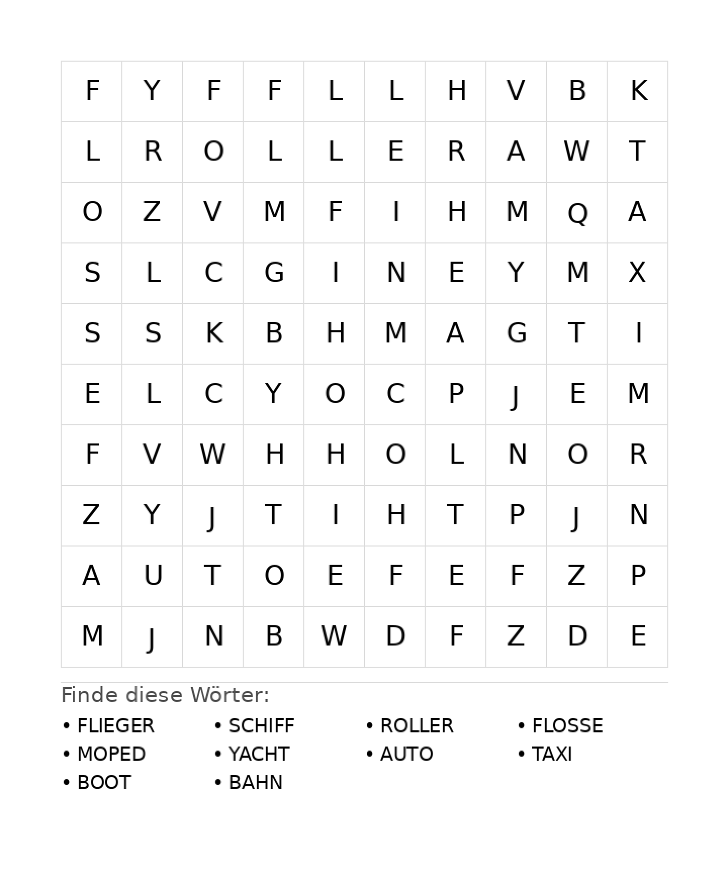 Wortsuchrätsel Wortsuchrätsel: Fahrzeuge für Grundschule aus der Kategorie Wortsuchrätsel - kostenlos ausdrucken
