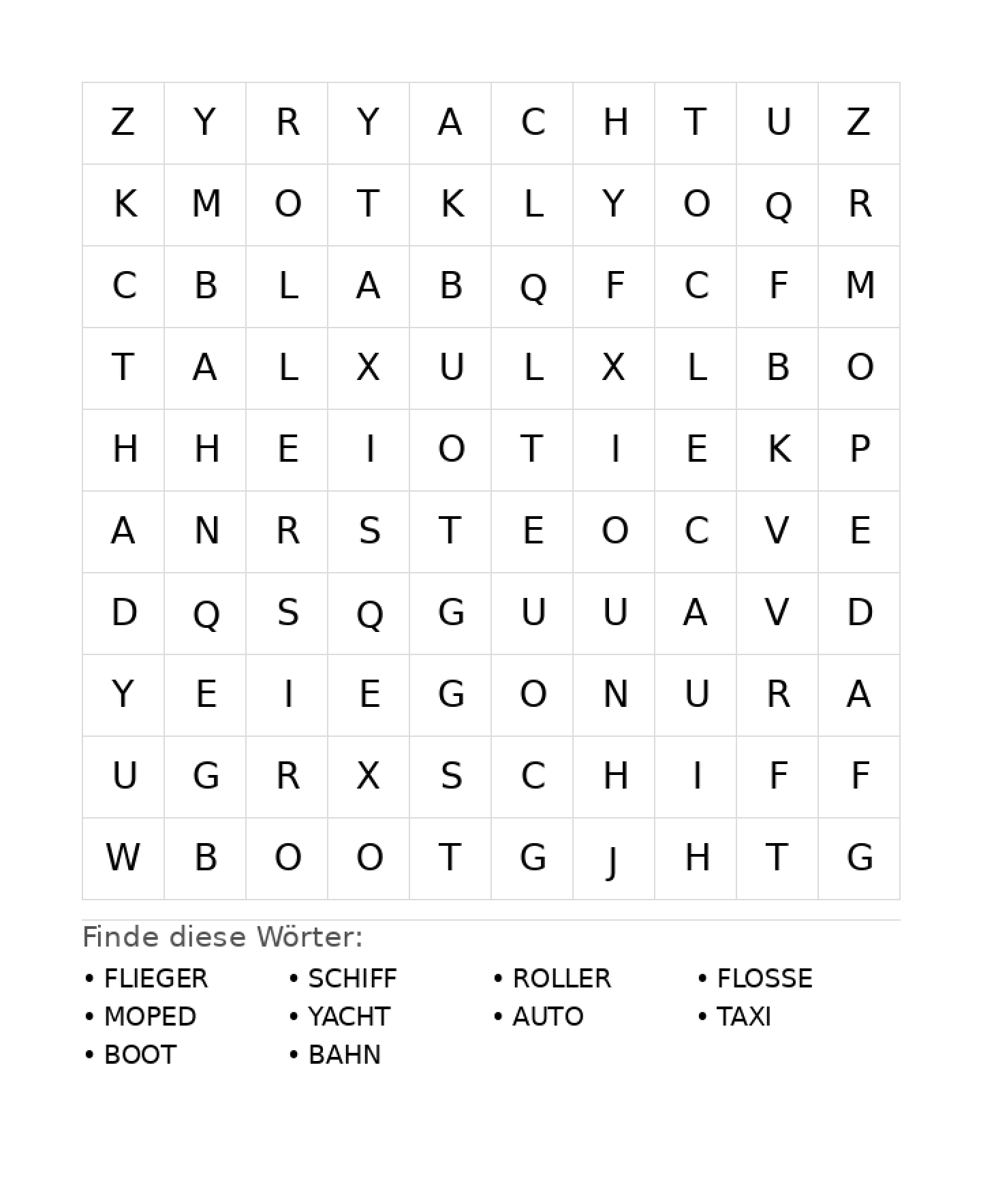 Wortsuchrätsel Wortsuchrätsel: Fahrzeuge für Grundschule aus der Kategorie Wortsuchrätsel - kostenlos ausdrucken