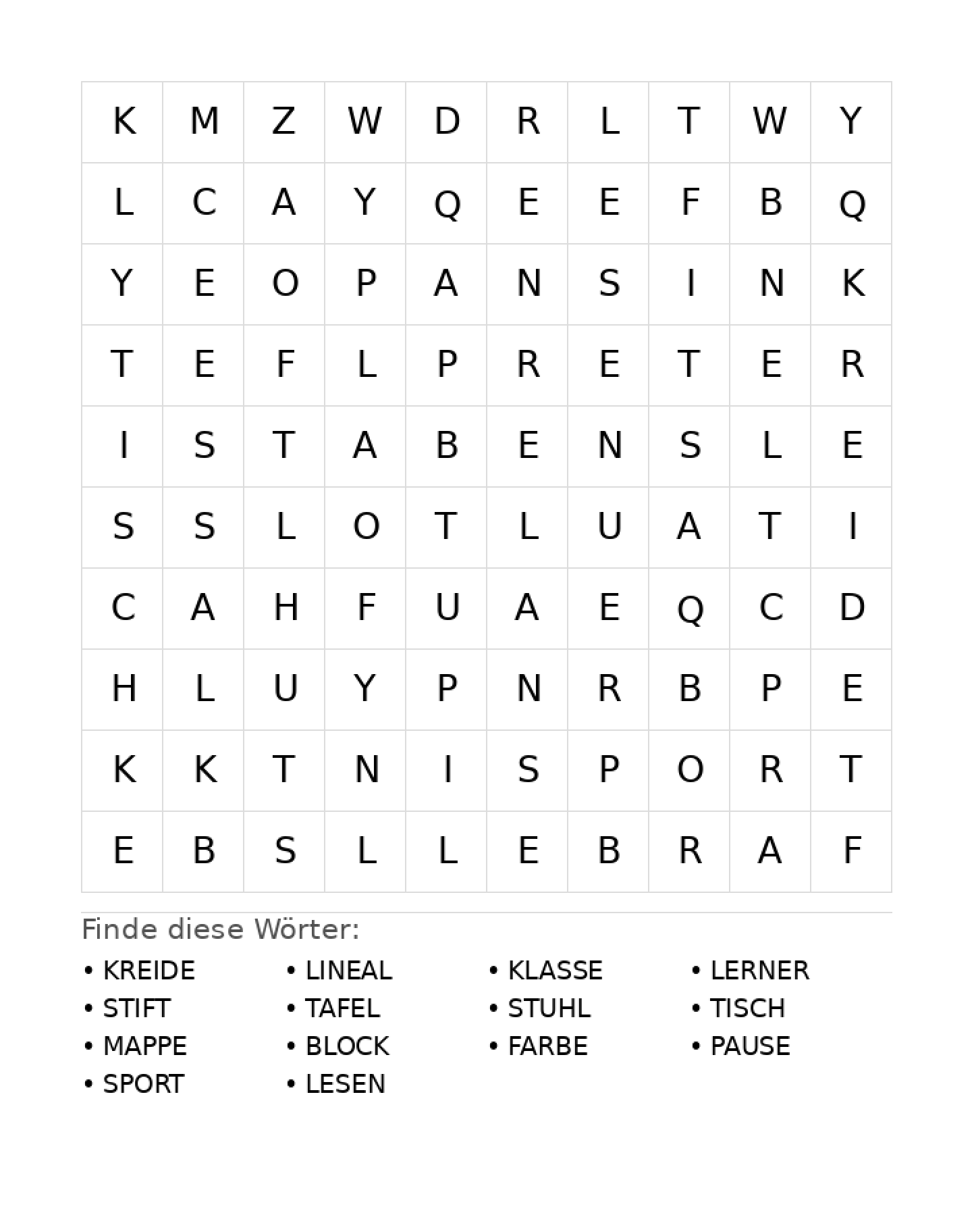 Wortsuchrätsel Wortsuchrätsel: Schule für Grundschule aus der Kategorie Wortsuchrätsel - kostenlos ausdrucken