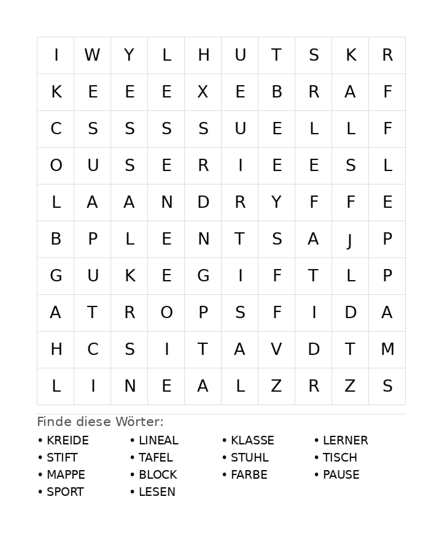 Wortsuchrätsel Wortsuchrätsel: Schule für Grundschule aus der Kategorie Wortsuchrätsel - kostenlos ausdrucken