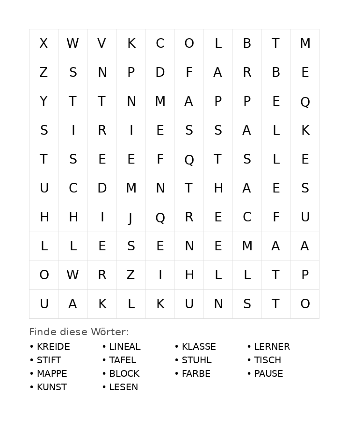 Wortsuchrätsel Wortsuchrätsel: Schule für Grundschule aus der Kategorie Wortsuchrätsel - kostenlos ausdrucken