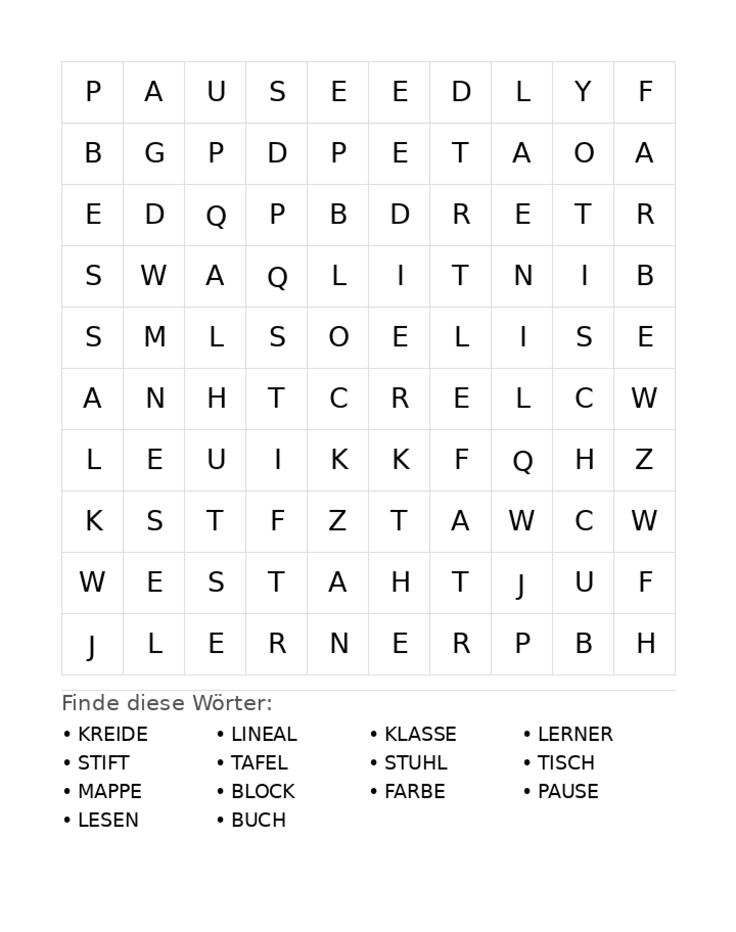 Wortsuchrätsel Wortsuchrätsel: Schule für Grundschule aus der Kategorie Wortsuchrätsel - kostenlos ausdrucken