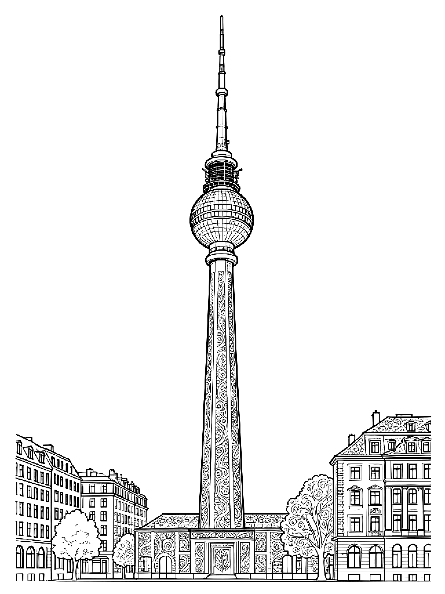 Ausmalbild Berliner Fernsehturm Ausmalbild für Erwachsene aus der Kategorie Städte & Sehenswürdigkeiten - kostenlos ausdrucken