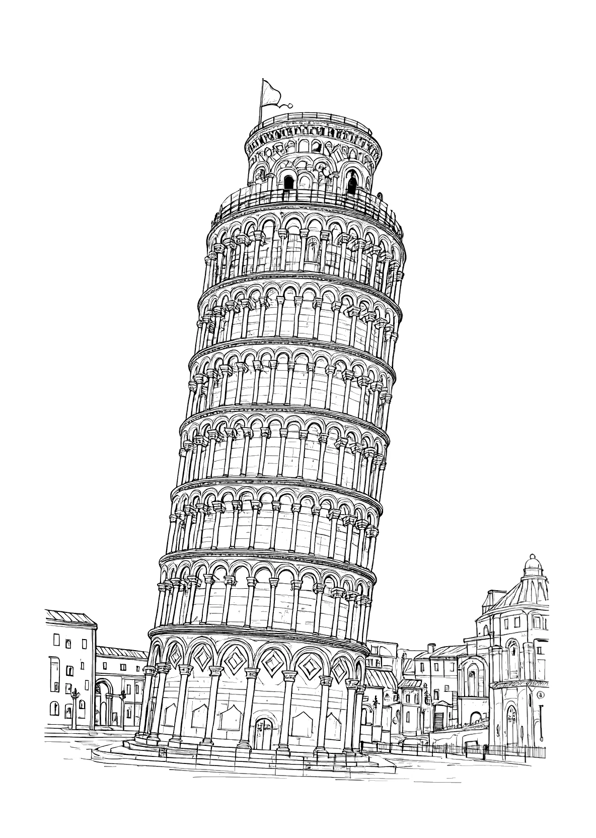 Pisa Schiefer Turm - Kostenloses Ausmalbild zum Ausdrucken