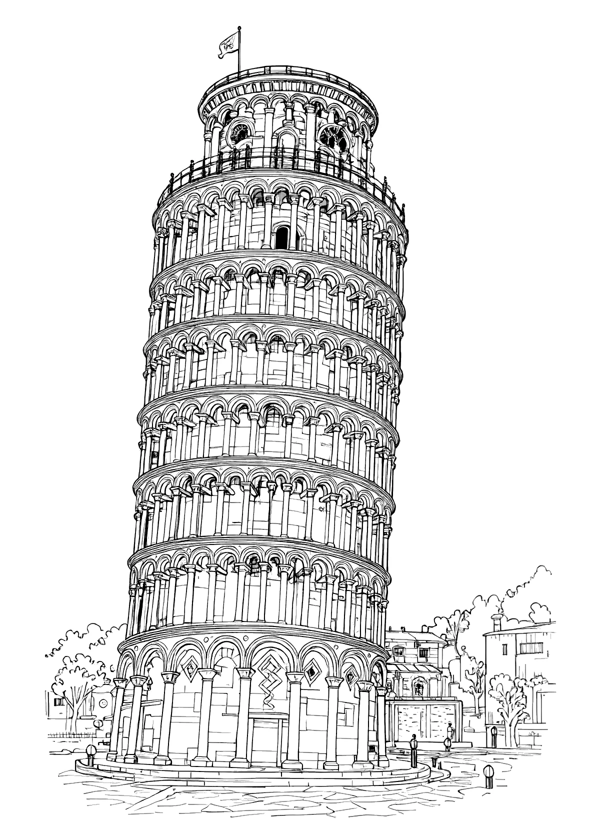 Pisa Schiefer Turm - Kostenloses Ausmalbild zum Ausdrucken
