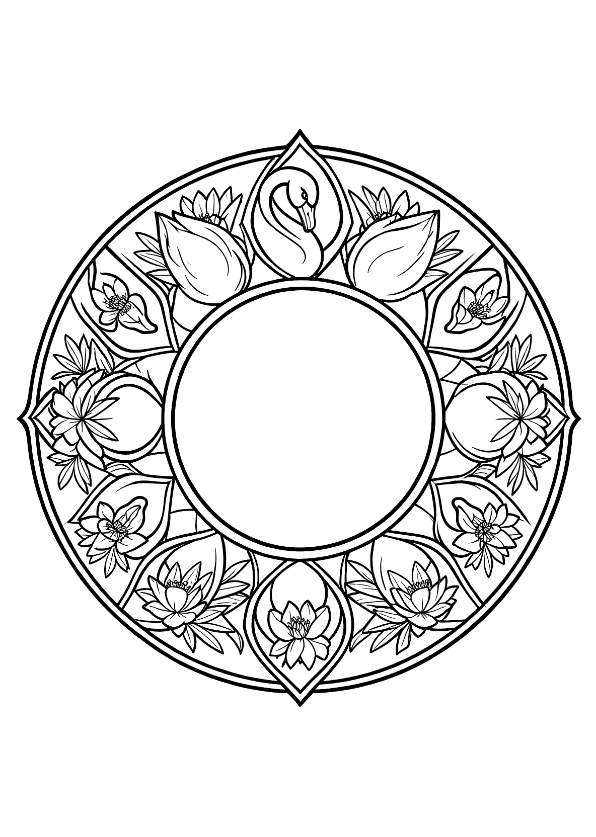Schwäne-Mandala - Kostenloses Ausmalbild zum Ausdrucken