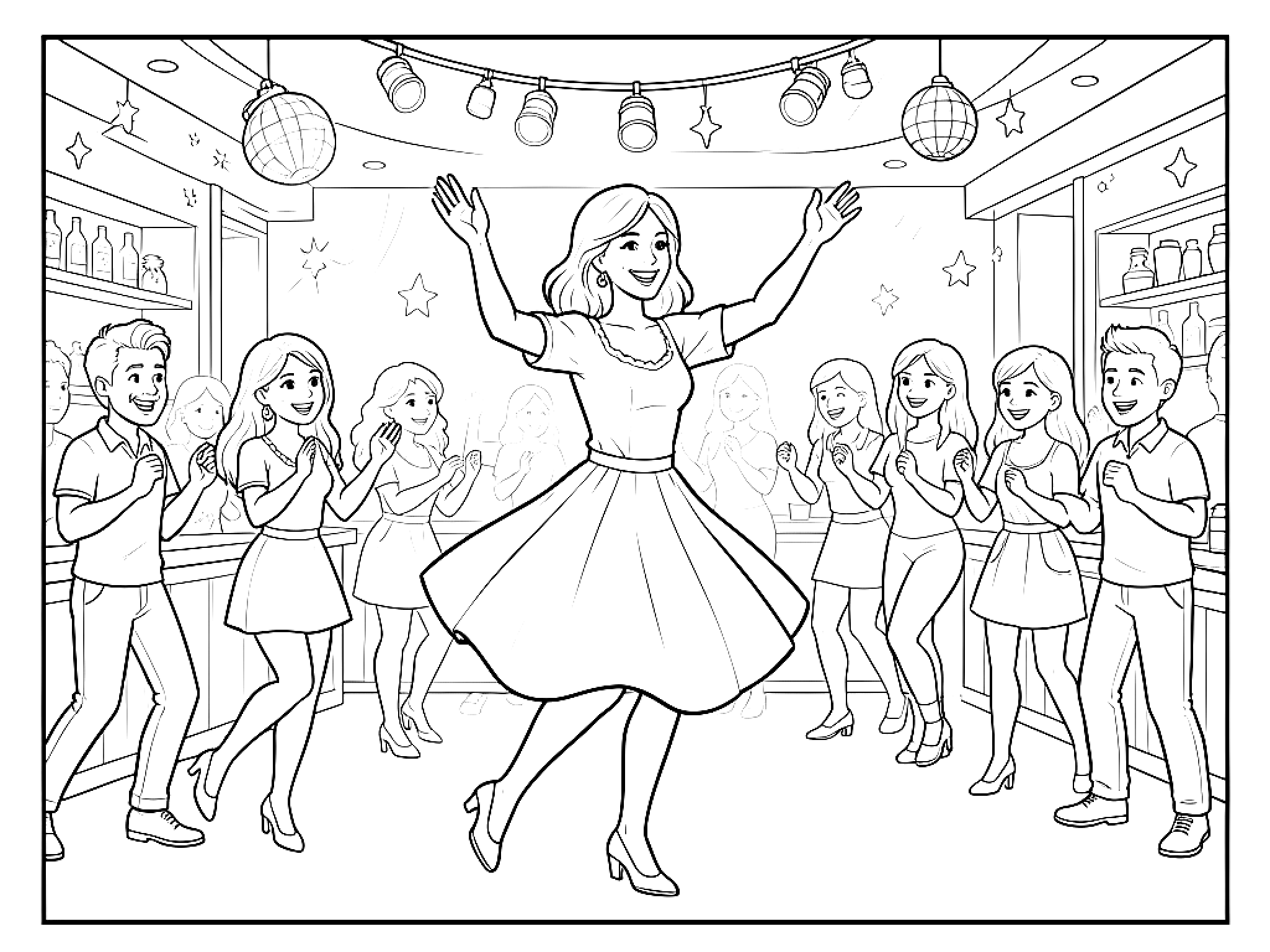 Ausmalbild Tanzende Frau Ausmalbild für Grundschulkinder aus der Kategorie Menschen & Berufe - kostenlos ausdrucken