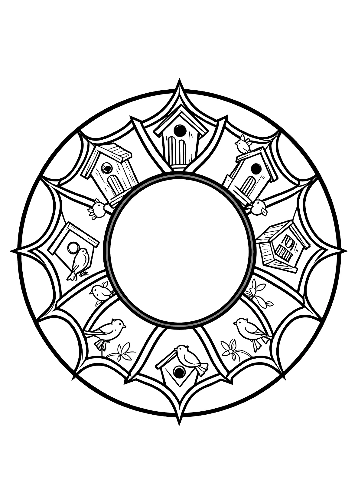 Vogelhäuschen-Mandala - Kostenloses Ausmalbild zum Ausdrucken