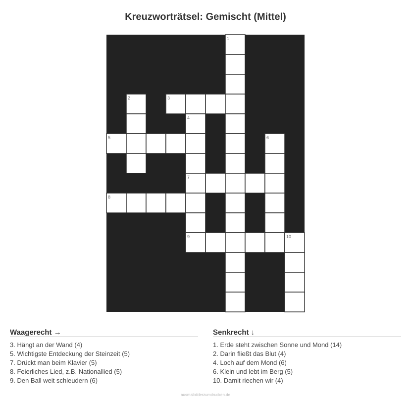 Kreuzworträtsel Kreuzworträtsel: Gemischt (Mittel) aus der Kategorie Sonstiges - kostenlos ausdrucken