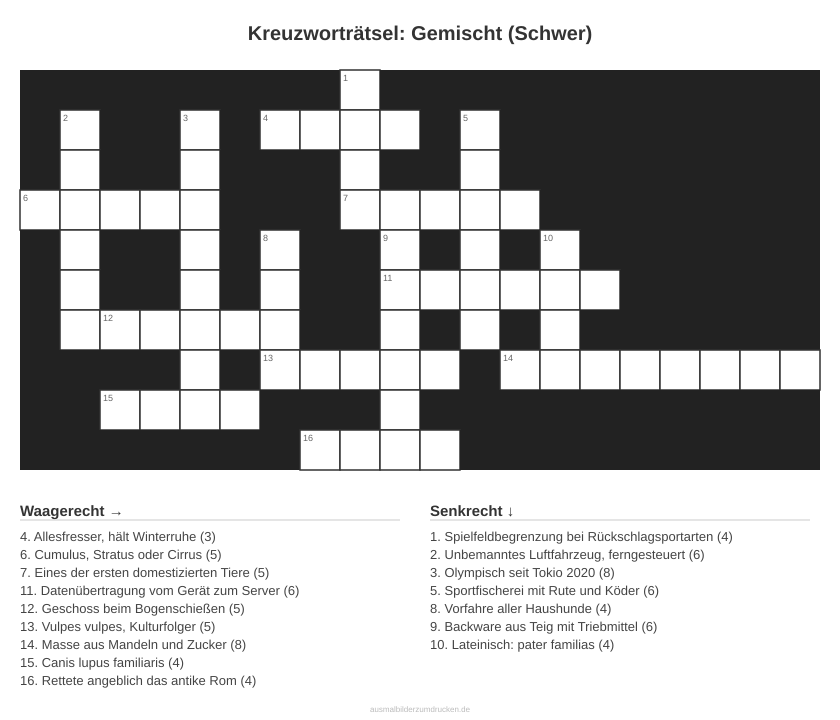 Kreuzworträtsel Kreuzworträtsel: Gemischt (Schwer) aus der Kategorie Sonstiges - kostenlos ausdrucken