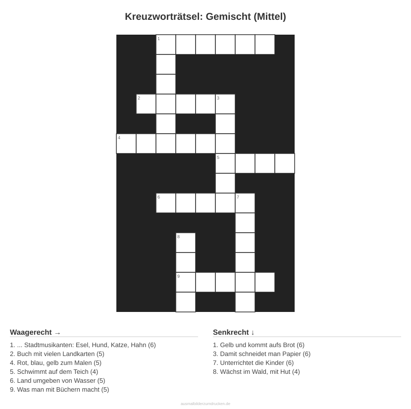 Kreuzworträtsel Kreuzworträtsel: Gemischt (Mittel) aus der Kategorie Sonstiges - kostenlos ausdrucken