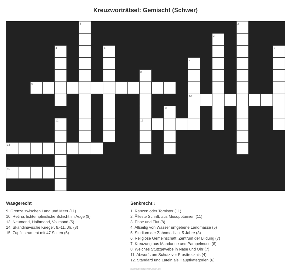 Kreuzworträtsel Kreuzworträtsel: Gemischt (Schwer) aus der Kategorie Sonstiges - kostenlos ausdrucken