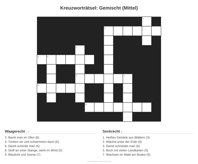 Kreuzworträtsel Kreuzworträtsel: Gemischt (Mittel) aus der Kategorie Sonstiges - kostenlos ausdrucken