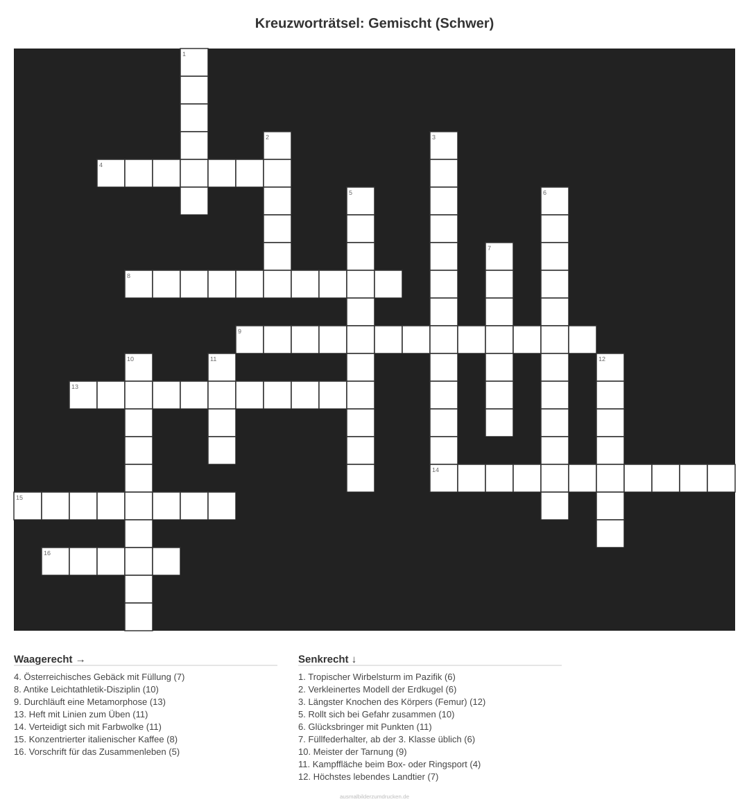 Kreuzworträtsel Kreuzworträtsel: Gemischt (Schwer) aus der Kategorie Sonstiges - kostenlos ausdrucken