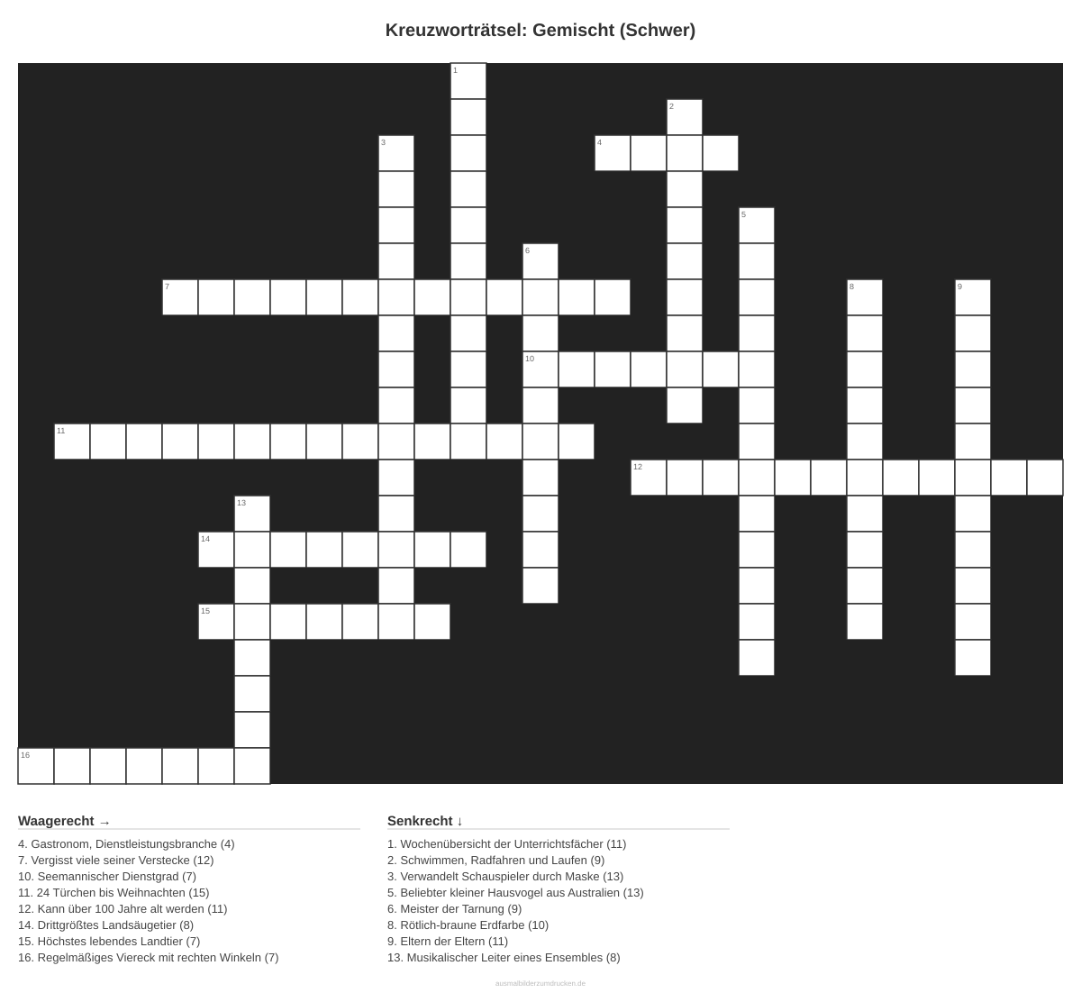 Kreuzworträtsel Kreuzworträtsel: Gemischt (Schwer) aus der Kategorie Sonstiges - kostenlos ausdrucken