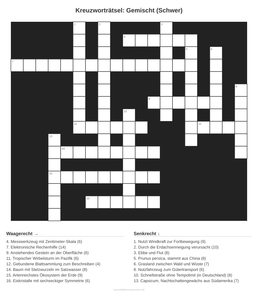 Kreuzworträtsel Kreuzworträtsel: Gemischt (Schwer) aus der Kategorie Sonstiges - kostenlos ausdrucken