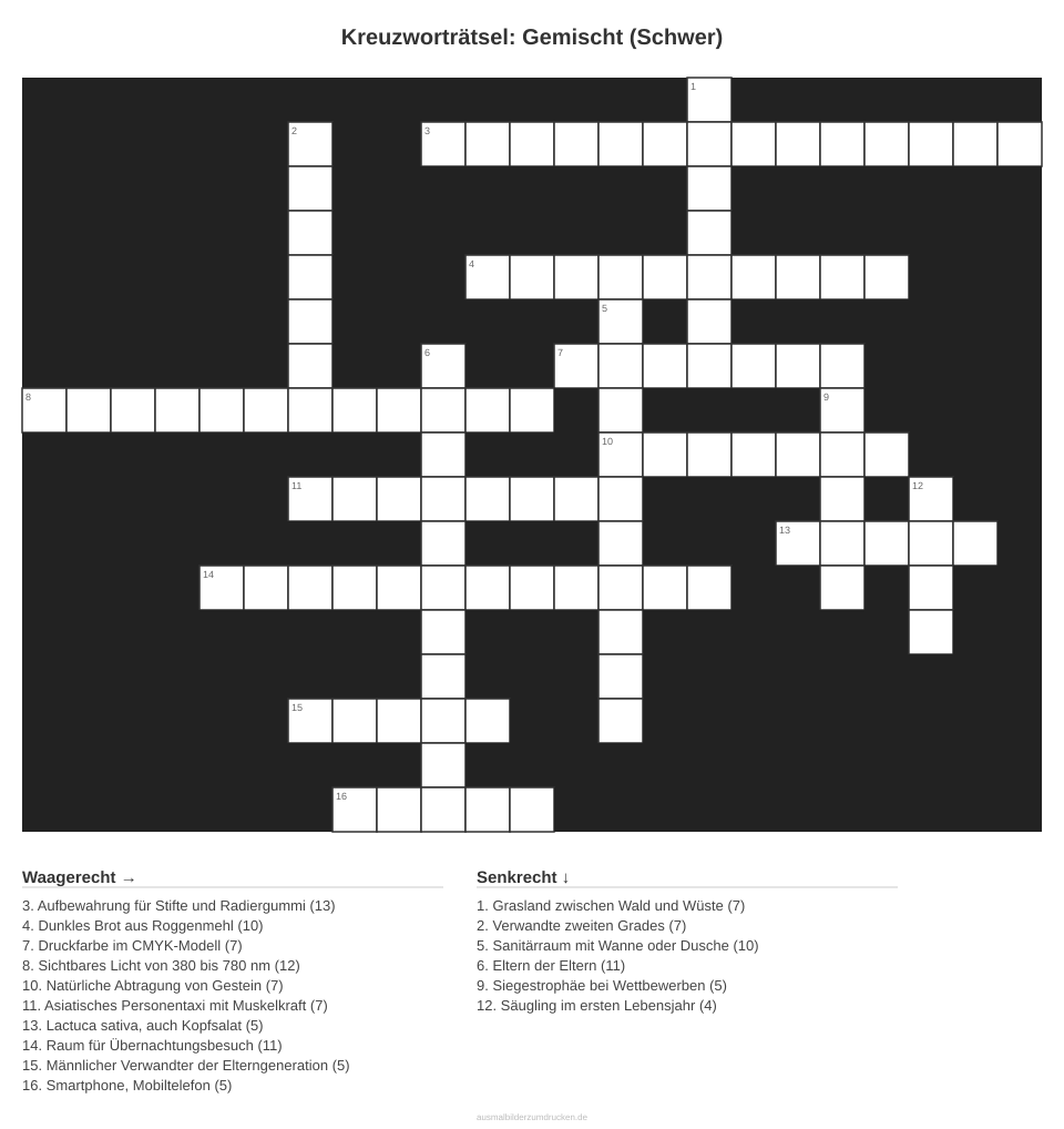 Kreuzworträtsel Kreuzworträtsel: Gemischt (Schwer) aus der Kategorie Sonstiges - kostenlos ausdrucken