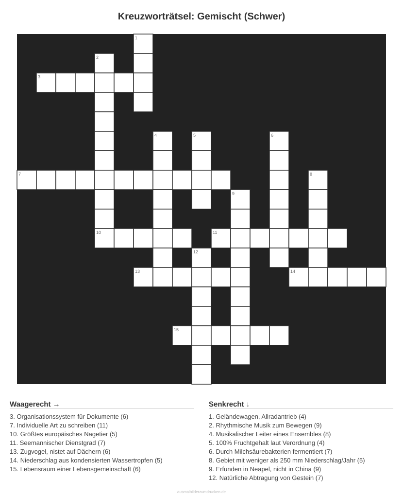 Kreuzworträtsel Kreuzworträtsel: Gemischt (Schwer) aus der Kategorie Sonstiges - kostenlos ausdrucken