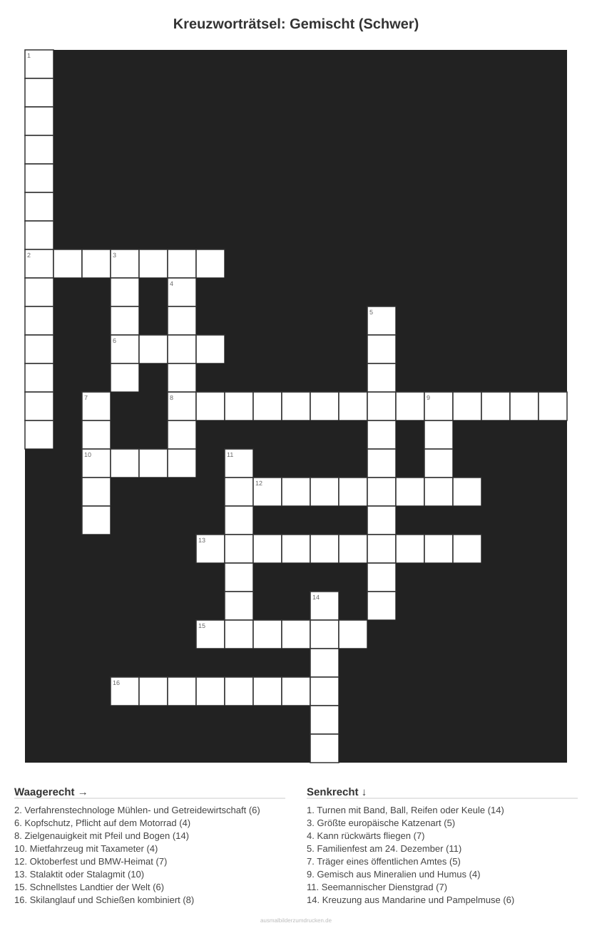 Kreuzworträtsel Kreuzworträtsel: Gemischt (Schwer) aus der Kategorie Sonstiges - kostenlos ausdrucken