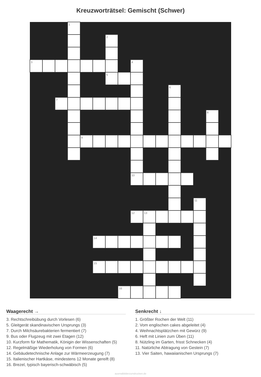 Kreuzworträtsel Kreuzworträtsel: Gemischt (Schwer) aus der Kategorie Sonstiges - kostenlos ausdrucken