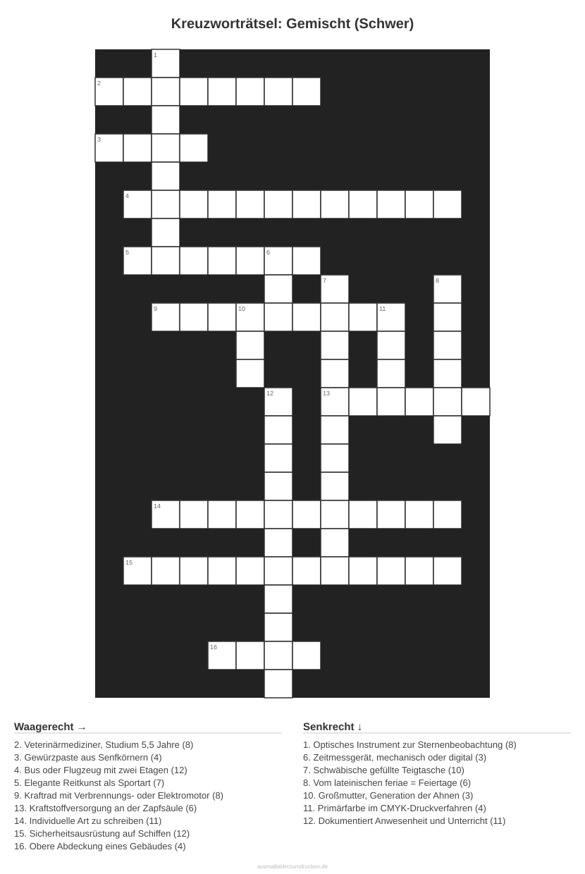 Kreuzworträtsel Kreuzworträtsel: Gemischt (Schwer) aus der Kategorie Sonstiges - kostenlos ausdrucken