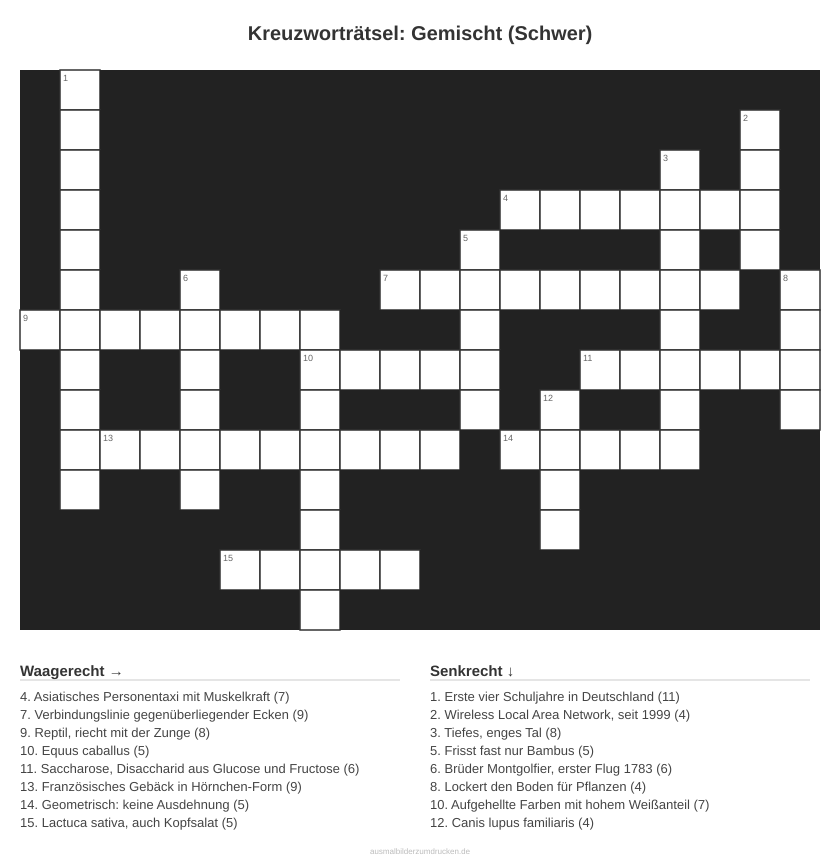 Kreuzworträtsel Kreuzworträtsel: Gemischt (Schwer) aus der Kategorie Sonstiges - kostenlos ausdrucken