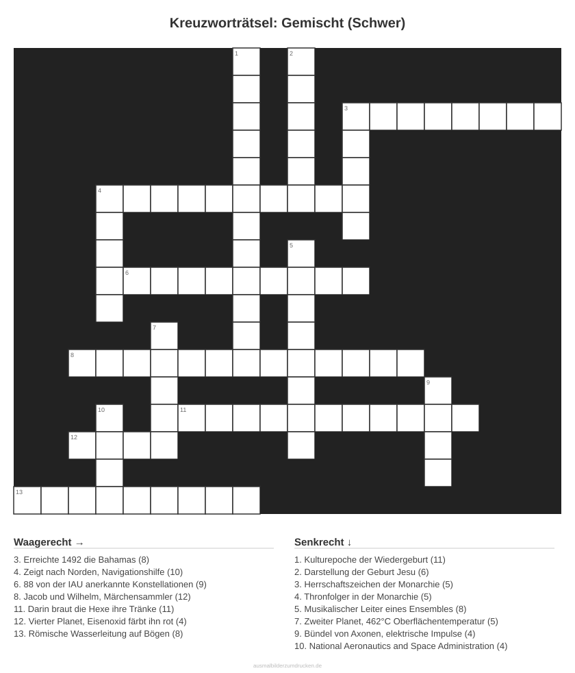 Kreuzworträtsel Kreuzworträtsel: Gemischt (Schwer) aus der Kategorie Sonstiges - kostenlos ausdrucken