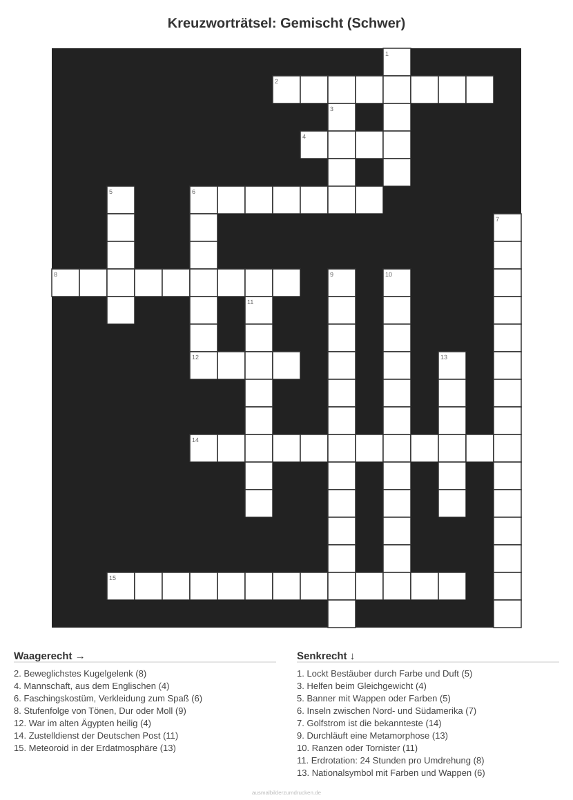 Kreuzworträtsel Kreuzworträtsel: Gemischt (Schwer) aus der Kategorie Sonstiges - kostenlos ausdrucken