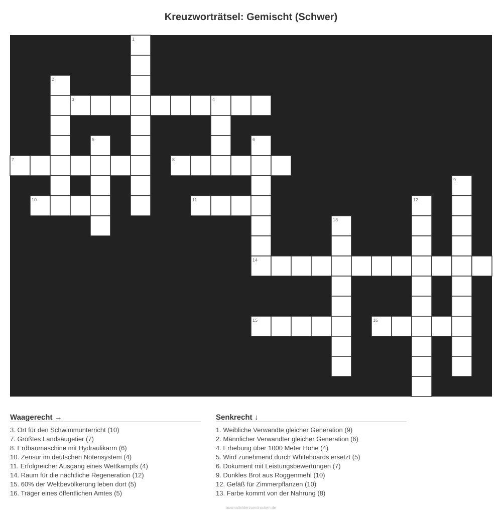 Kreuzworträtsel Kreuzworträtsel: Gemischt (Schwer) aus der Kategorie Sonstiges - kostenlos ausdrucken