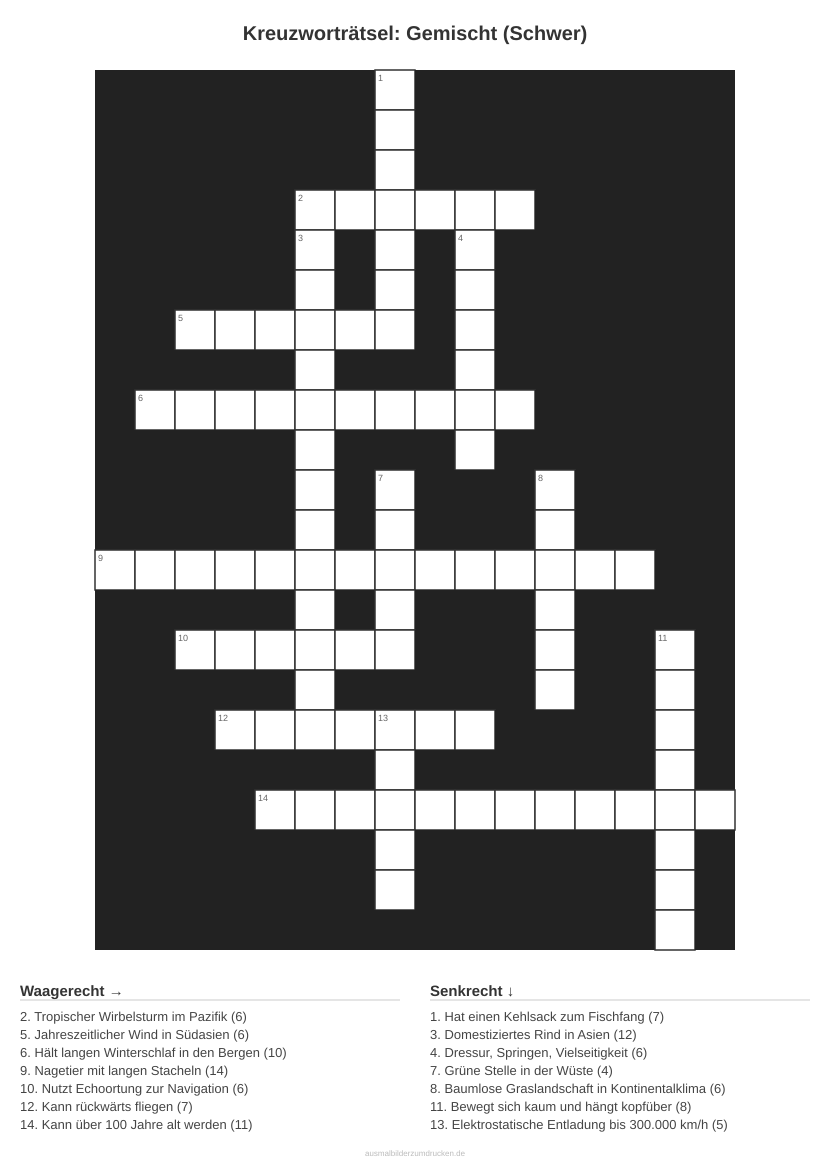 Kreuzworträtsel Kreuzworträtsel: Gemischt (Schwer) aus der Kategorie Sonstiges - kostenlos ausdrucken