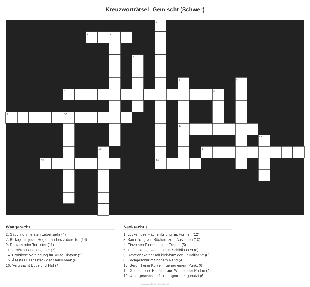 Kreuzworträtsel Kreuzworträtsel: Gemischt (Schwer) aus der Kategorie Sonstiges - kostenlos ausdrucken