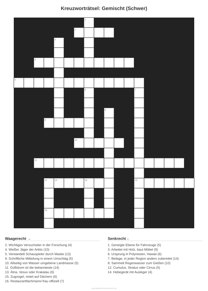 Kreuzworträtsel Kreuzworträtsel: Gemischt (Schwer) aus der Kategorie Sonstiges - kostenlos ausdrucken