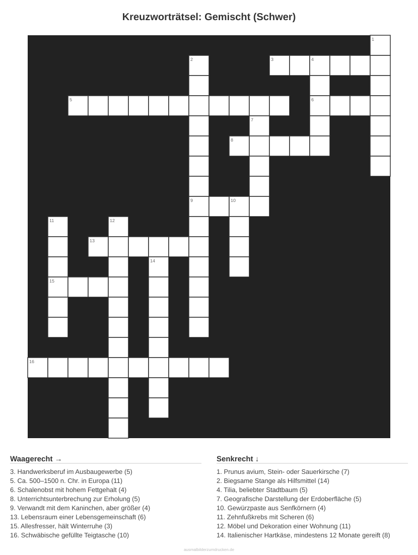Kreuzworträtsel Kreuzworträtsel: Gemischt (Schwer) aus der Kategorie Sonstiges - kostenlos ausdrucken