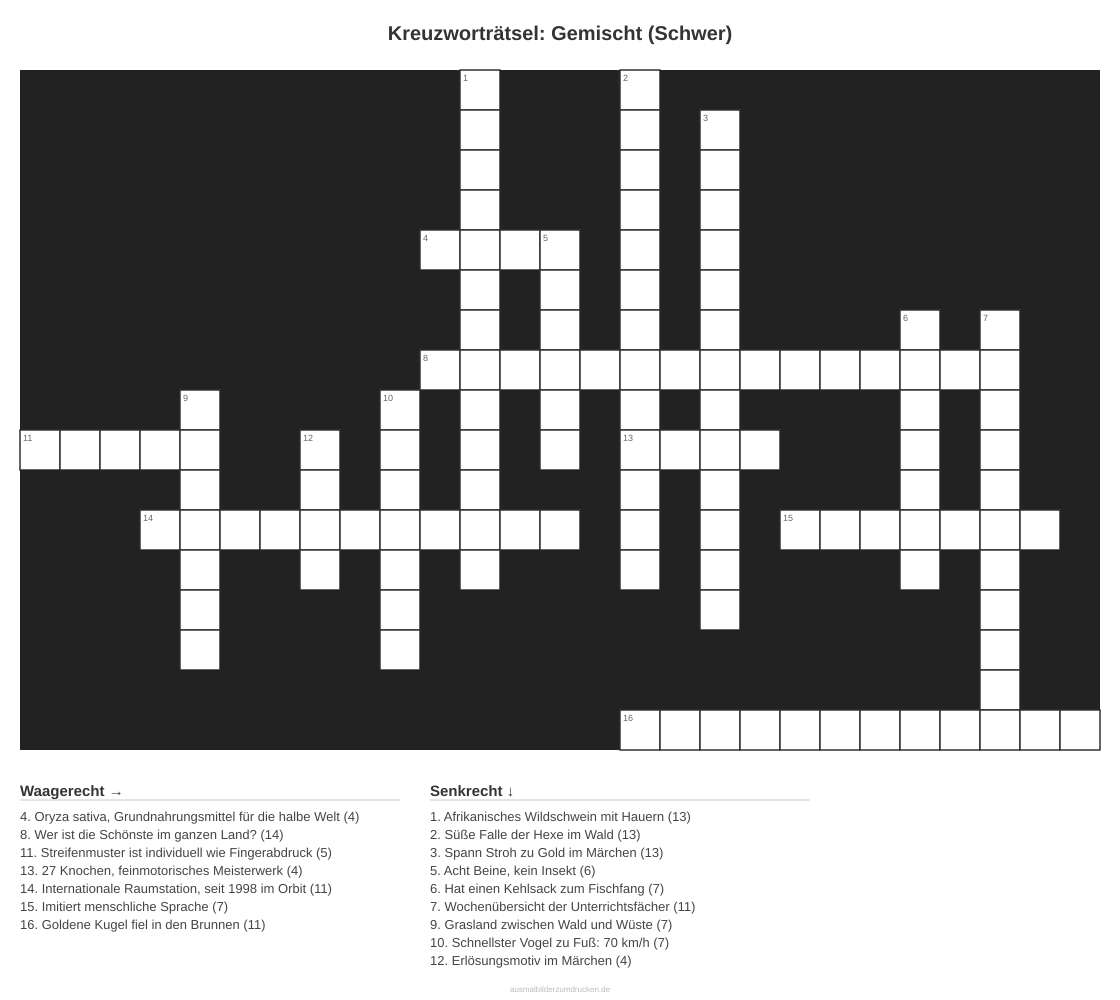 Kreuzworträtsel Kreuzworträtsel: Gemischt (Schwer) aus der Kategorie Sonstiges - kostenlos ausdrucken