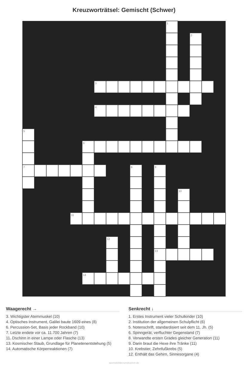Kreuzworträtsel Kreuzworträtsel: Gemischt (Schwer) aus der Kategorie Sonstiges - kostenlos ausdrucken