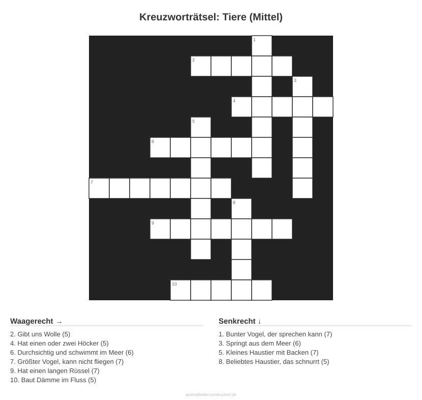 Kreuzworträtsel Kreuzworträtsel: Tiere (Mittel) aus der Kategorie Tiere - kostenlos ausdrucken