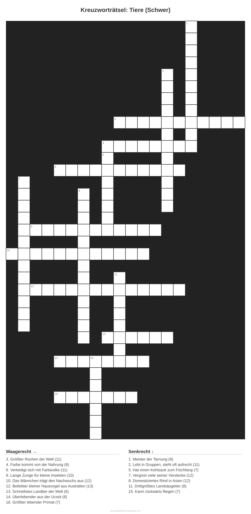 Kreuzworträtsel Kreuzworträtsel: Tiere (Schwer) aus der Kategorie Tiere - kostenlos ausdrucken