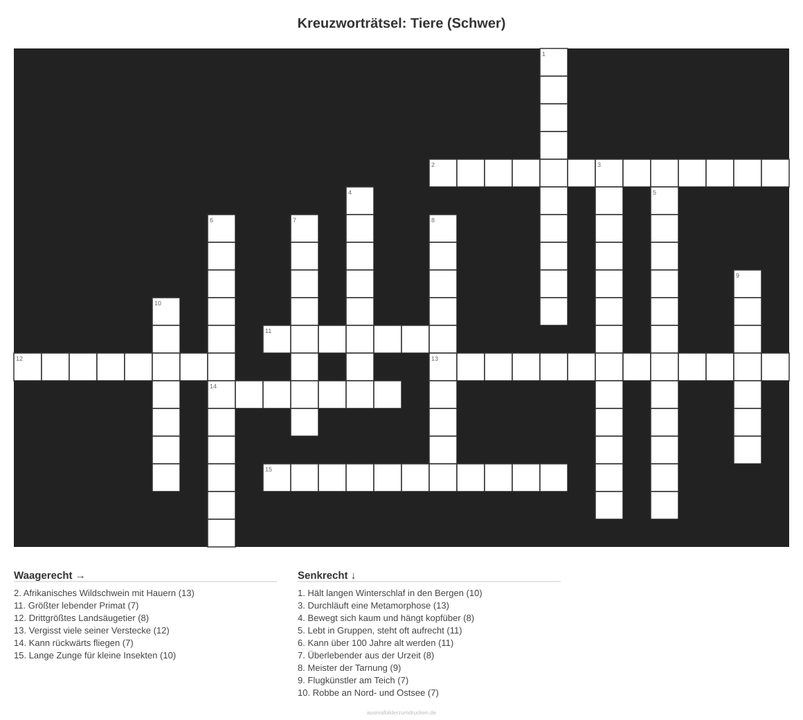 Kreuzworträtsel Kreuzworträtsel: Tiere (Schwer) aus der Kategorie Tiere - kostenlos ausdrucken