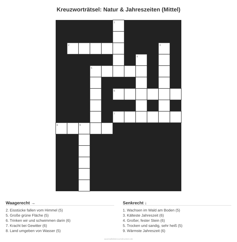 Kreuzworträtsel Kreuzworträtsel: Natur & Jahreszeiten (Mittel) aus der Kategorie Natur - kostenlos ausdrucken