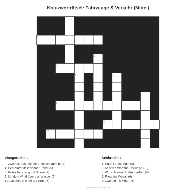 Kreuzworträtsel Kreuzworträtsel: Fahrzeuge & Verkehr (Mittel) aus der Kategorie Fahrzeuge - kostenlos ausdrucken
