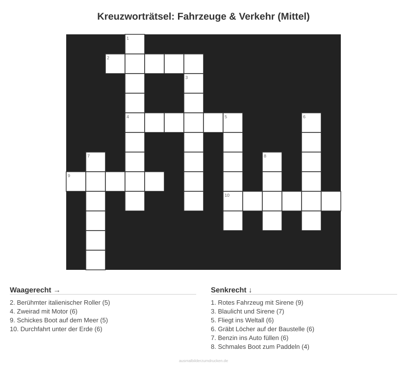 Kreuzworträtsel Kreuzworträtsel: Fahrzeuge & Verkehr (Mittel) aus der Kategorie Fahrzeuge - kostenlos ausdrucken