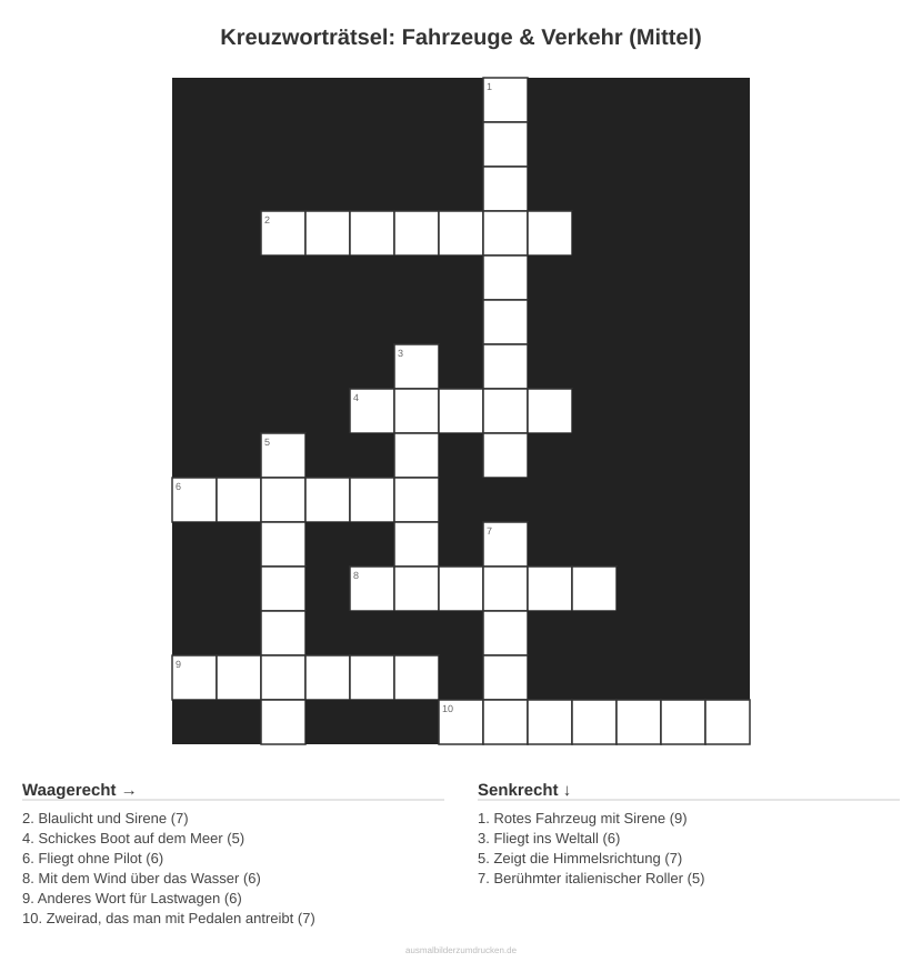 Kreuzworträtsel Kreuzworträtsel: Fahrzeuge & Verkehr (Mittel) aus der Kategorie Fahrzeuge - kostenlos ausdrucken