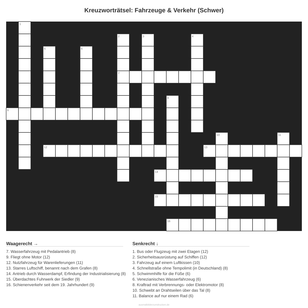 Kreuzworträtsel Kreuzworträtsel: Fahrzeuge & Verkehr (Schwer) aus der Kategorie Fahrzeuge - kostenlos ausdrucken