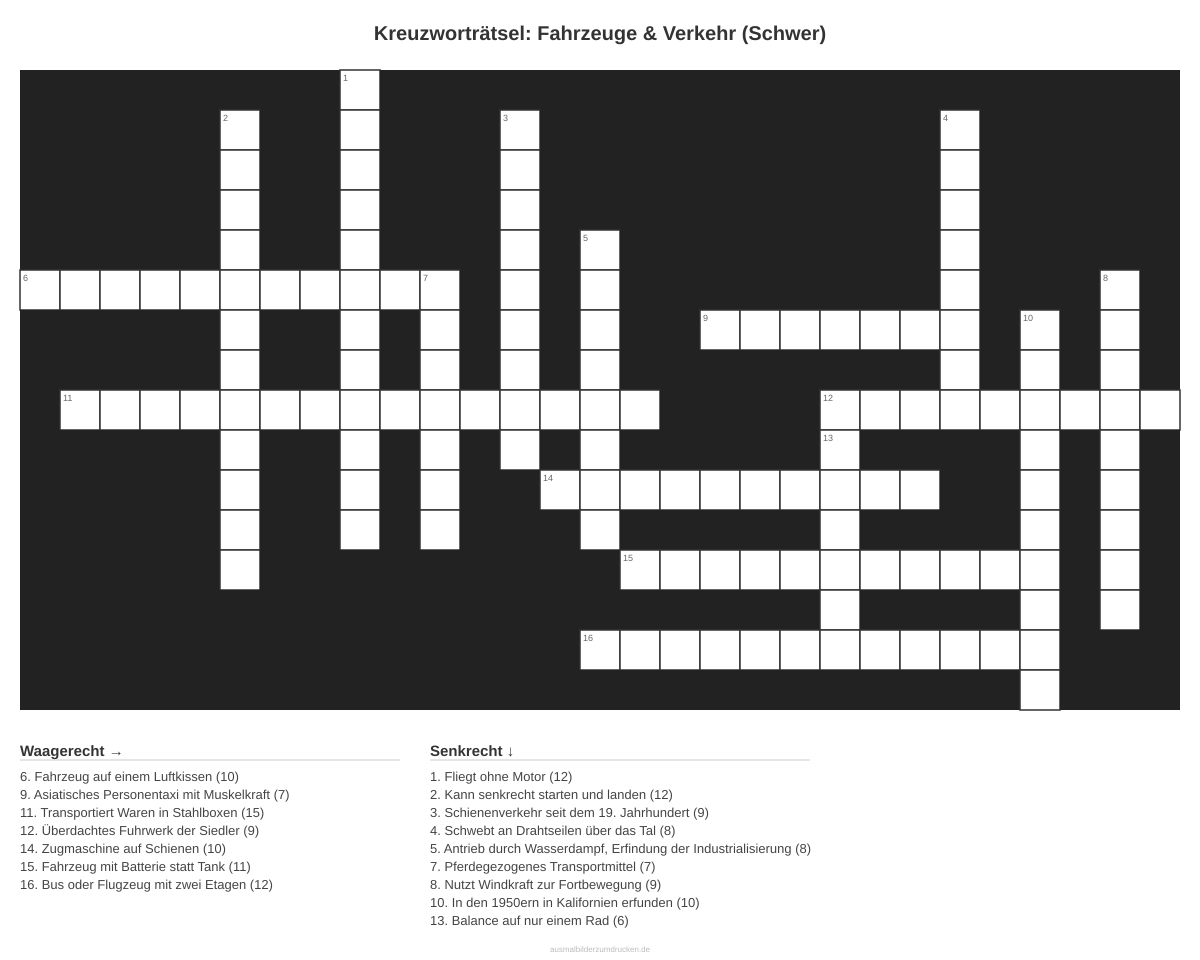 Kreuzworträtsel Kreuzworträtsel: Fahrzeuge & Verkehr (Schwer) aus der Kategorie Fahrzeuge - kostenlos ausdrucken
