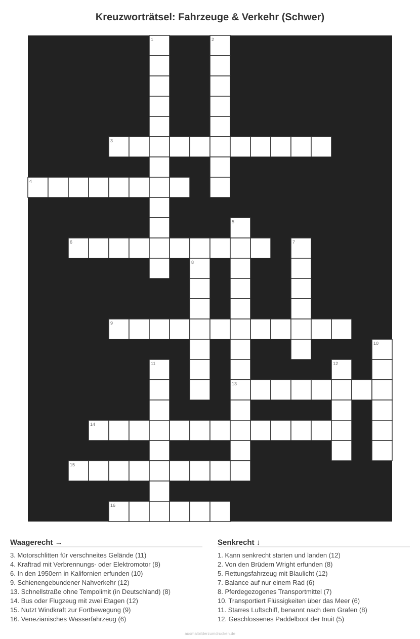 Kreuzworträtsel Kreuzworträtsel: Fahrzeuge & Verkehr (Schwer) aus der Kategorie Fahrzeuge - kostenlos ausdrucken
