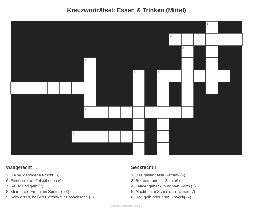 Kreuzworträtsel Kreuzworträtsel: Essen & Trinken (Mittel) aus der Kategorie Essen - kostenlos ausdrucken